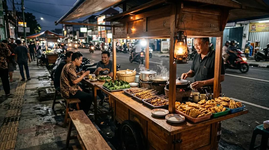 Gerobak angkringan Jogja di malam hari dengan lampu temaram dan aneka lauk