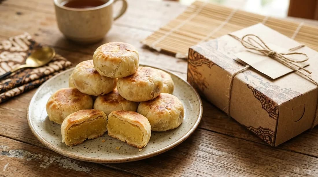 Bakpia pathok Yogyakarta dengan isian kacang hijau di atas piring