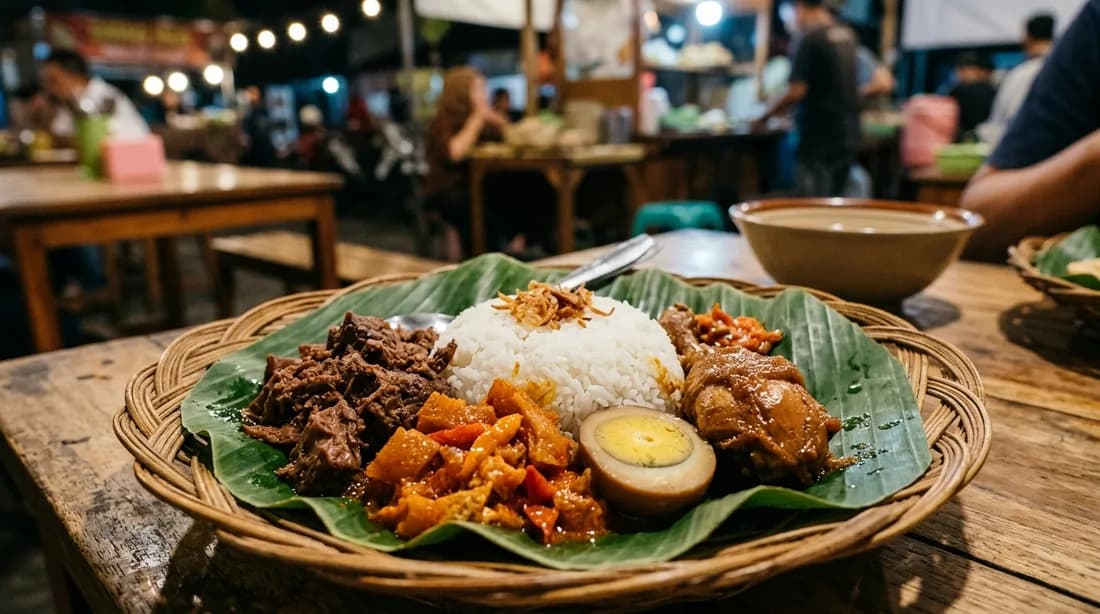 Sepiring gudeg Jogja lengkap dengan nasi, krecek, telur, dan ayam