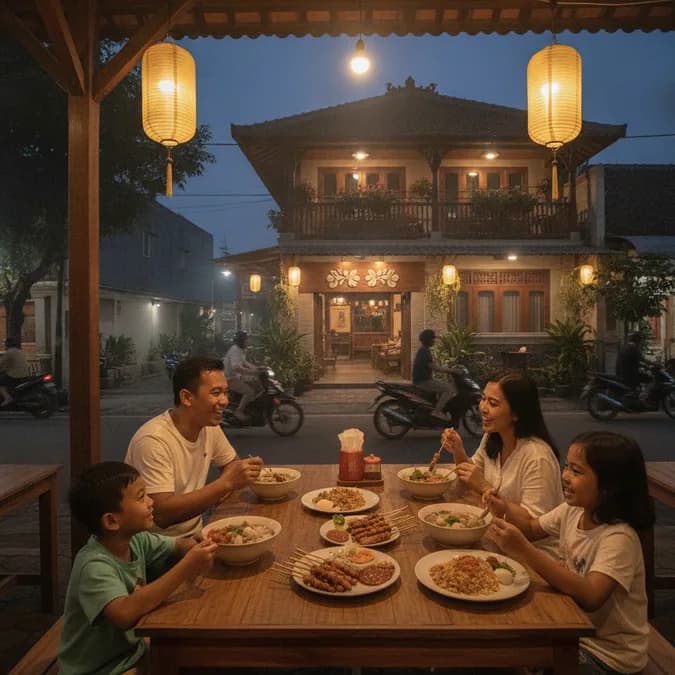Ilustrasi penginapan dan kuliner lokal untuk perjalanan wisata Salatiga