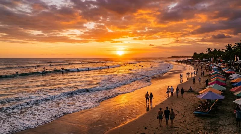 Peselancar menikmati ombak di Pantai Kuta Bali saat sunset