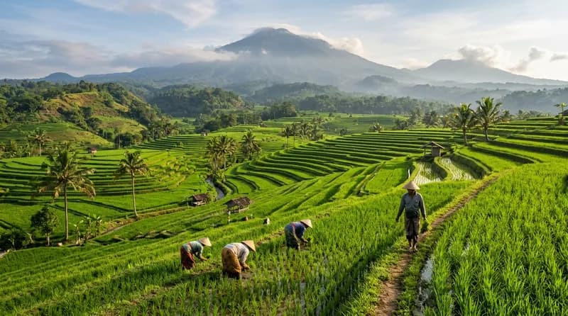Sawah terasering hijau di Bali dekat kawasan wisata Tanah Lot