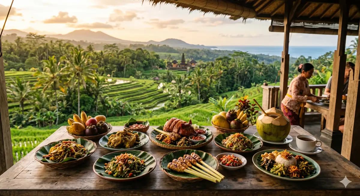 Suasana kawasan wisata di Bali dengan sawah dan bangunan bergaya tropis