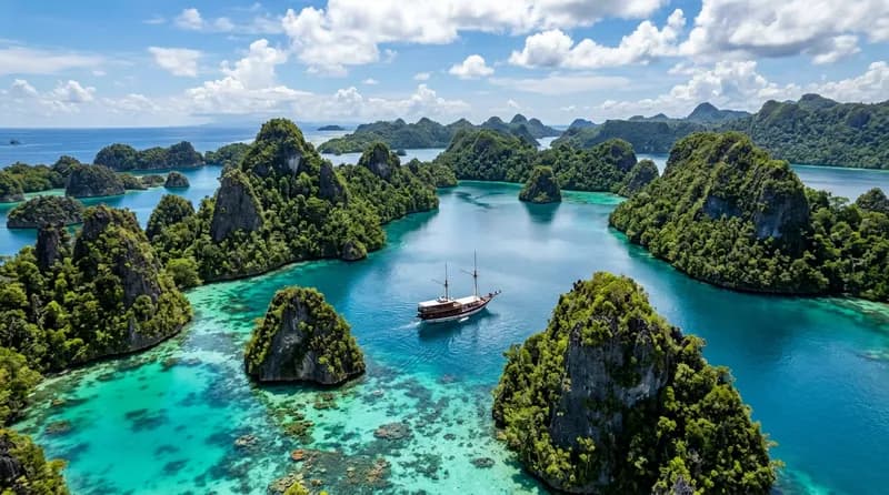 Pemandangan udara pulau-pulau karst Raja Ampat dengan laut biru pirus