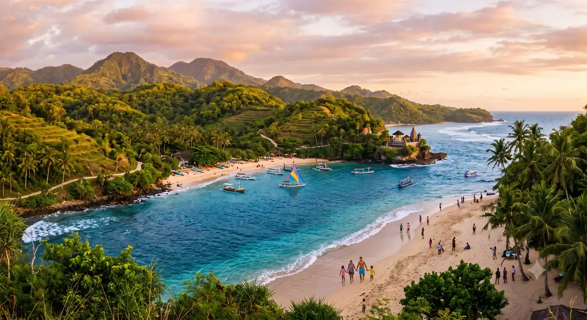 Keluarga di destinasi wisata pantai yang membutuhkan rencana cadangan perjalanan