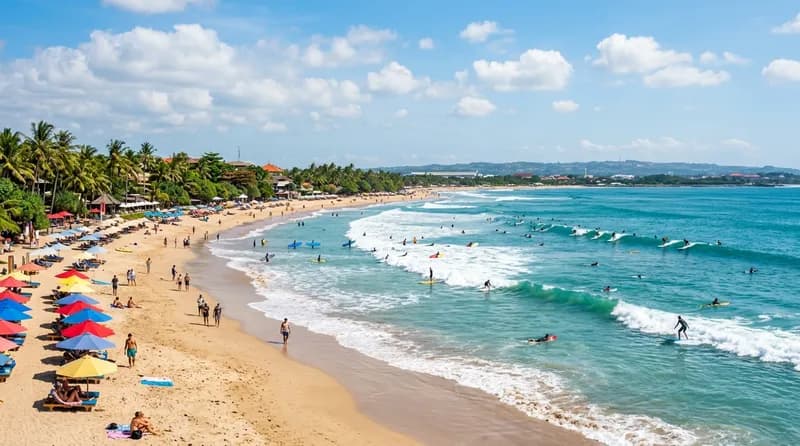Suasana Pantai Kuta Bali dengan pasir luas dan ombak untuk selancar pemula