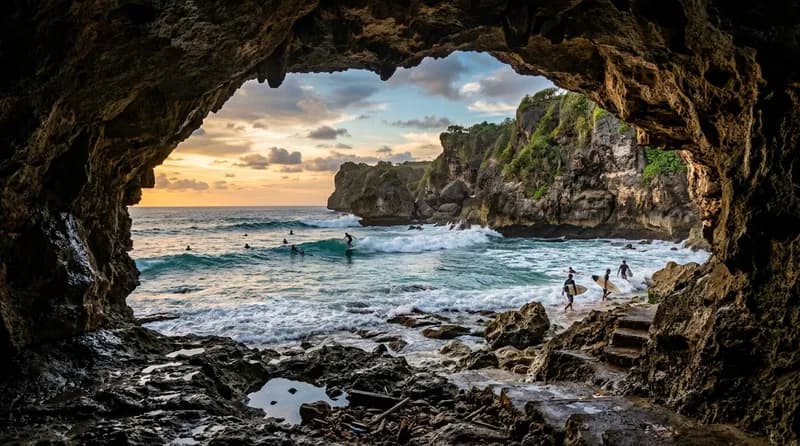 Pantai Suluban Blue Point Uluwatu Bali dengan gua batu karang dan ombak besar