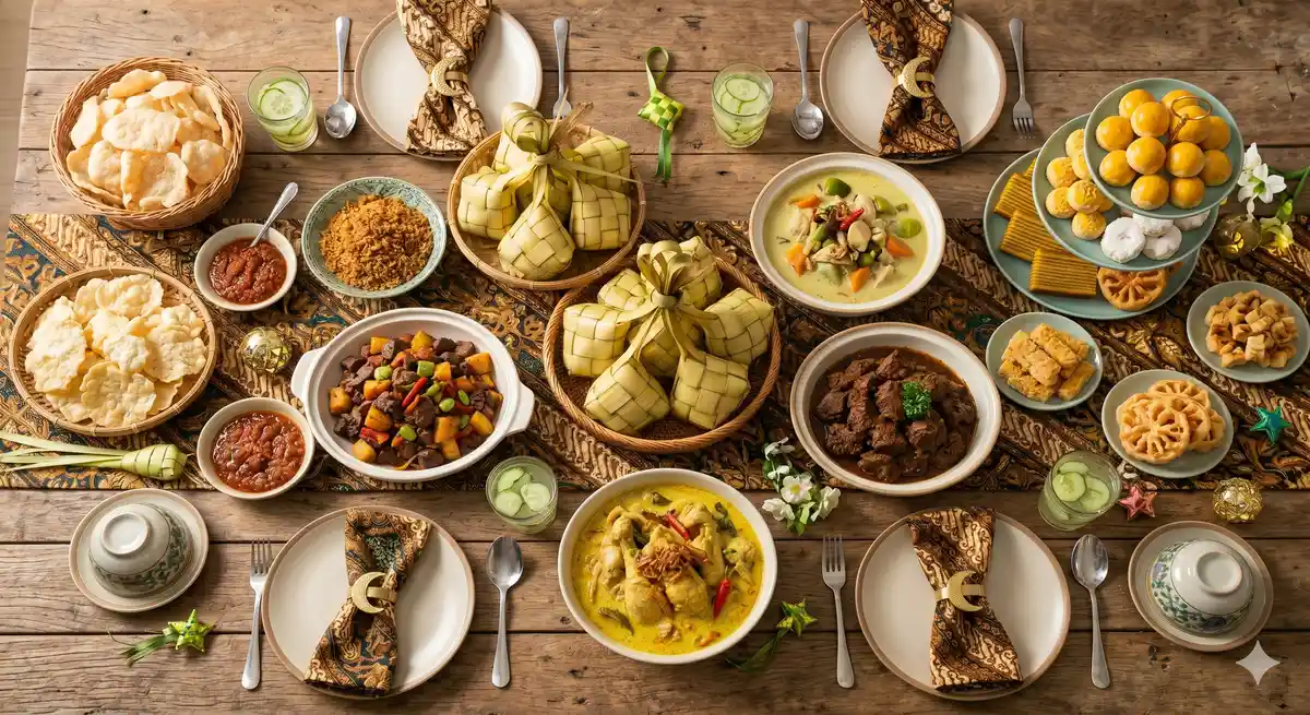 Hidangan tradisional khas Lebaran seperti ketupat, opor, dan rendang di meja makan