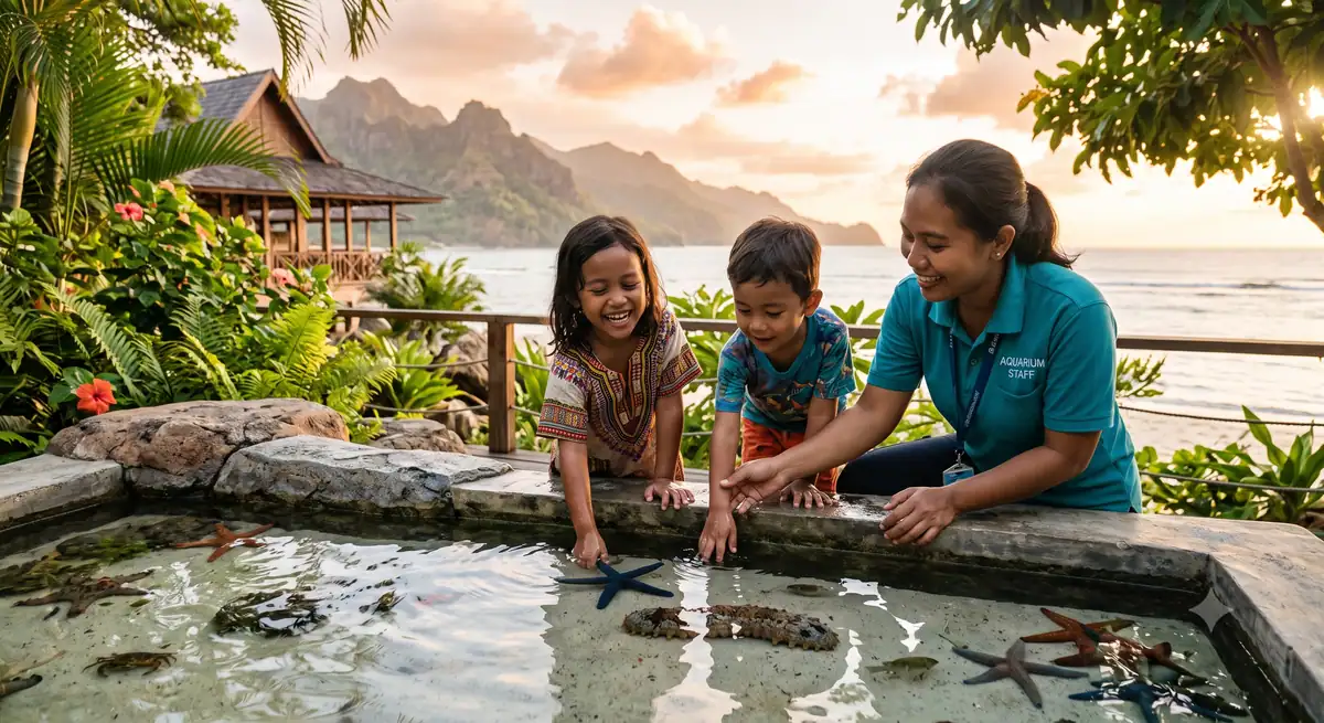 Anak-anak menyentuh biota laut di kolam sentuh akuarium dengan pengawasan staf