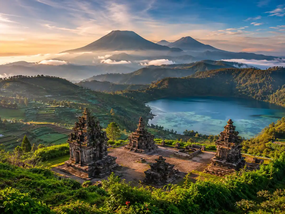Pemandangan perbukitan hijau dan kabut tipis di kawasan Dieng