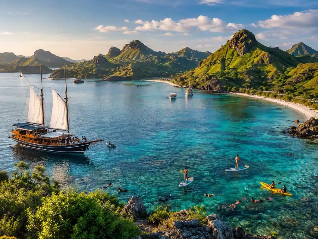 Pemandangan pelabuhan dan perbukitan di Labuan Bajo saat senja