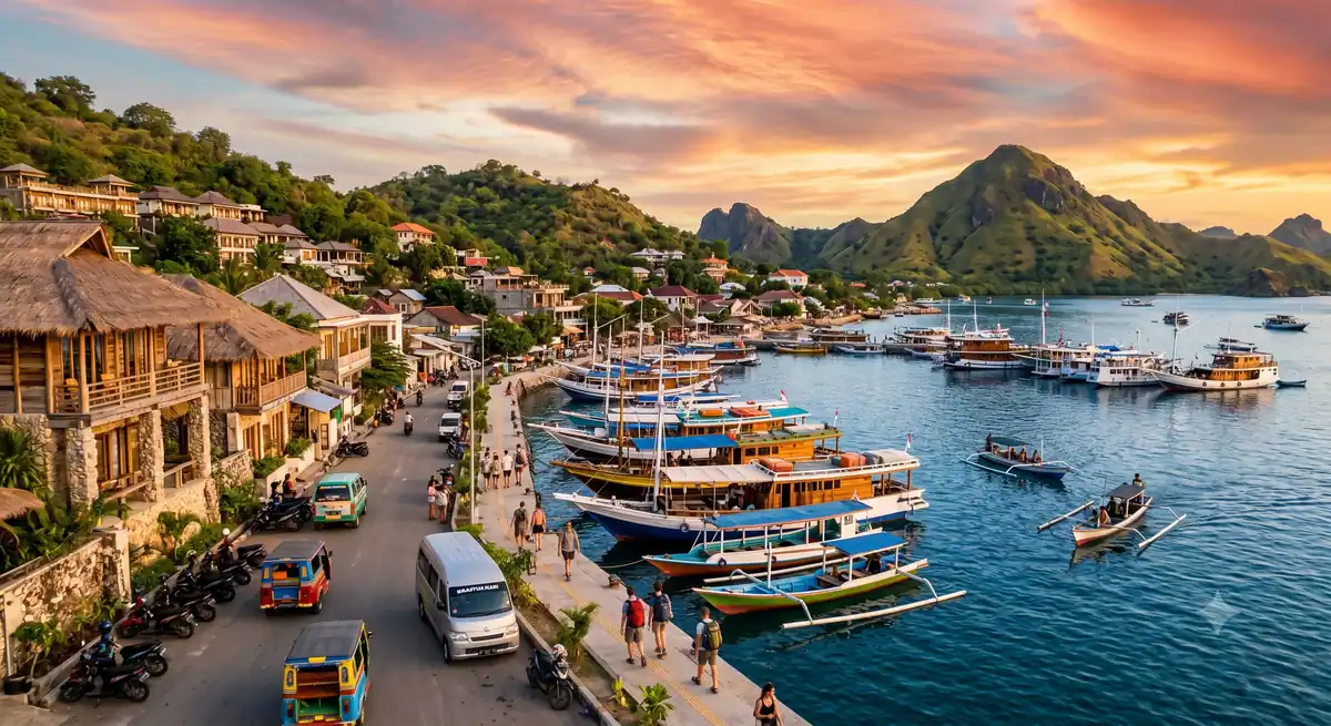 Perahu wisata bersandar di perairan biru dekat Labuan Bajo
