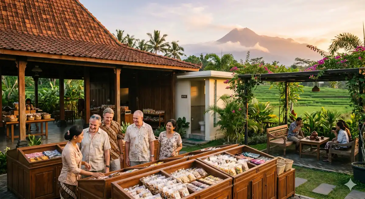 Penjual dan pembeli di pusat oleh-oleh khas Solo