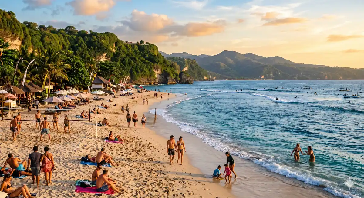 Suasana pantai di Bali dengan pemandangan sore yang menawan