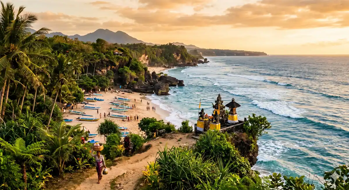 Suasana pantai di Bali dengan pemandangan tenang di sore hari