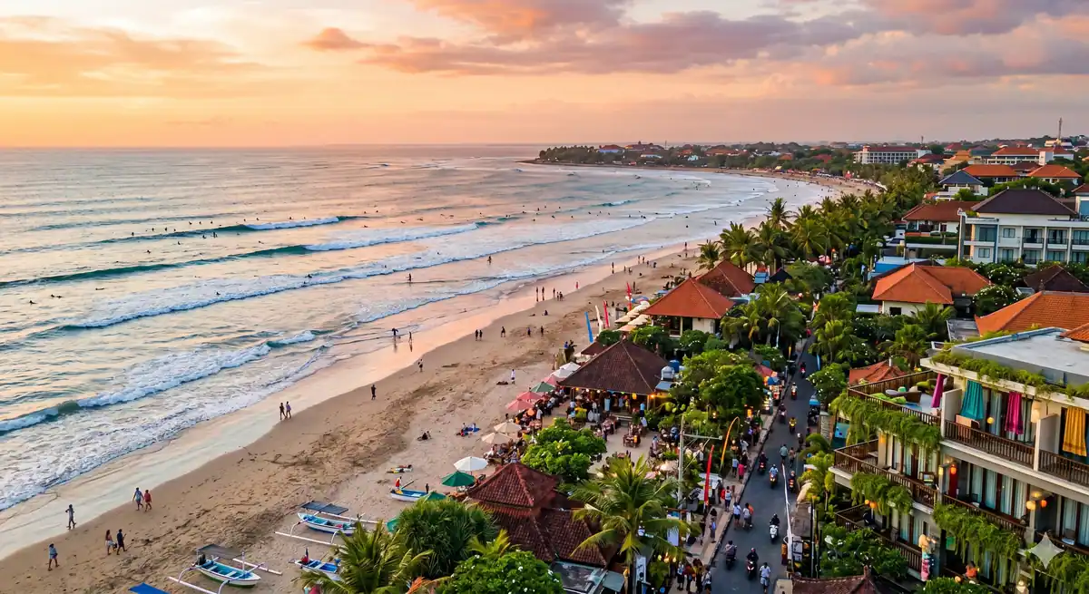 Suasana pantai di Bali dengan wisatawan menikmati sore hari