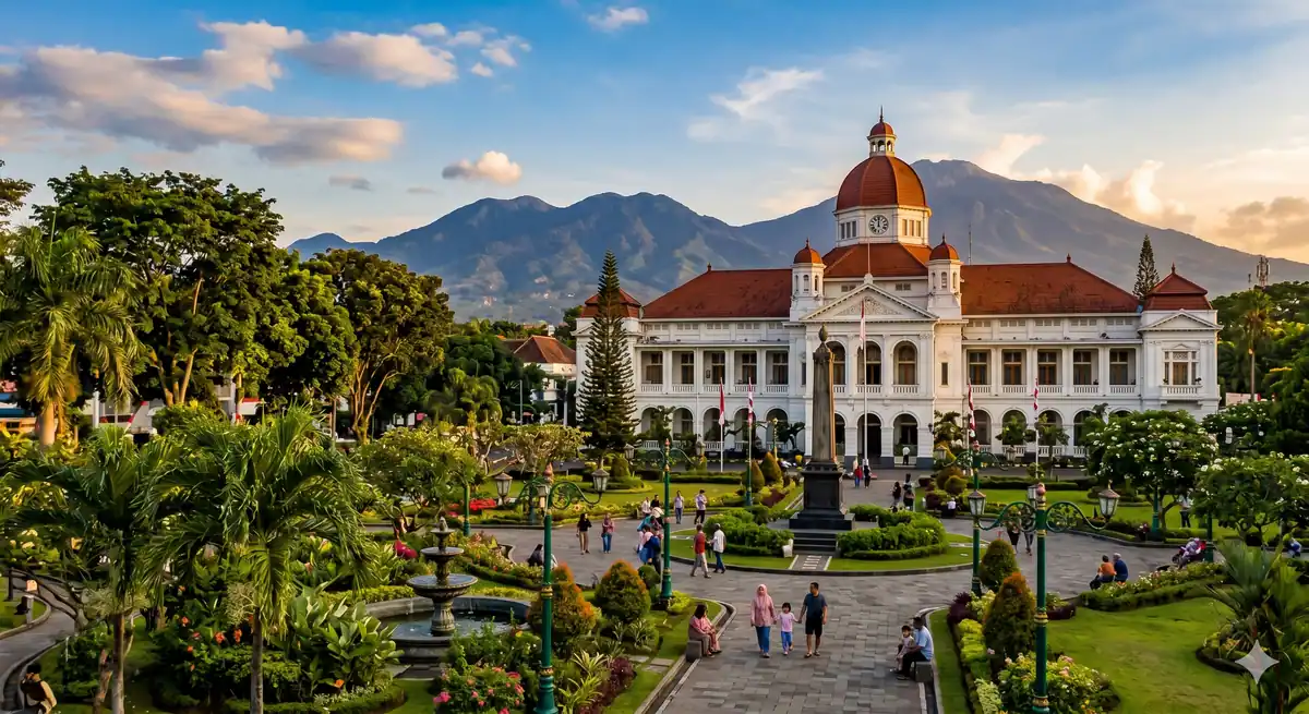 Bangunan kolonial ikonik di pusat Kota Malang dengan latar pegunungan