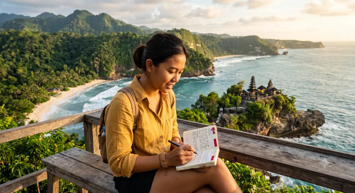 Pelancong belajar frasa bahasa asing dari buku catatan kecil