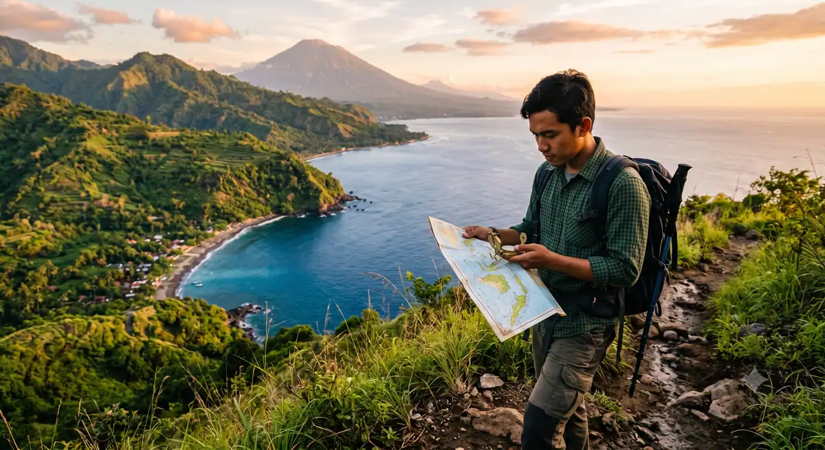 Traveler menggunakan kompas dan peta kertas tanpa sinyal di alam terbuka
