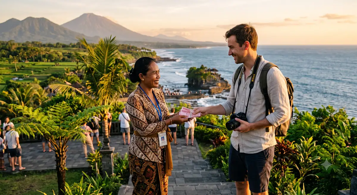 Wisatawan memberi tip kepada pemandu wisata lokal di akhir tur