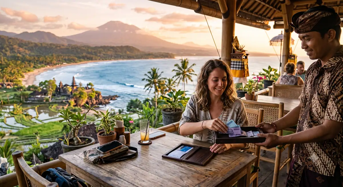 Wisatawan menyelipkan uang tip di nampan tagihan restoran