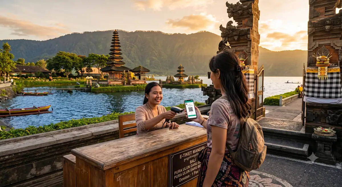E-tiket dengan QR code ditampilkan di layar ponsel di gerbang masuk