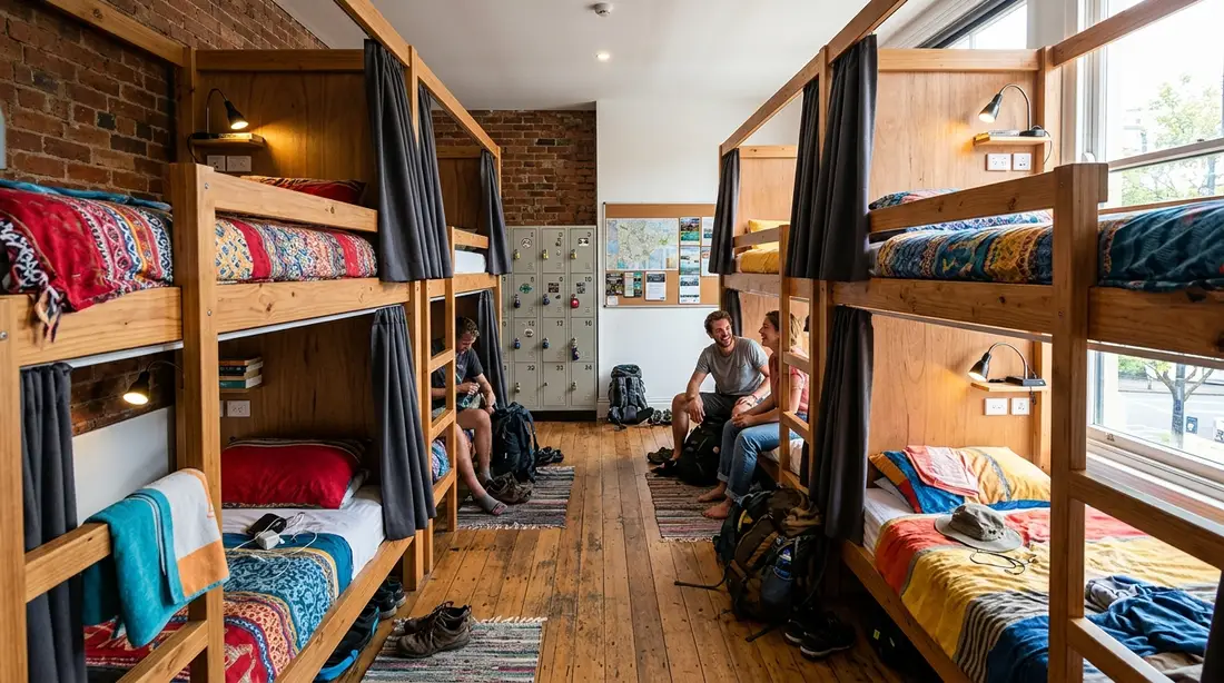 Kamar dorm hostel dengan ranjang susun dan tirai privasi