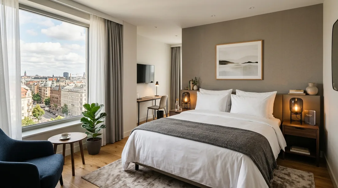 Kamar hotel modern yang bersih dengan tempat tidur rapi