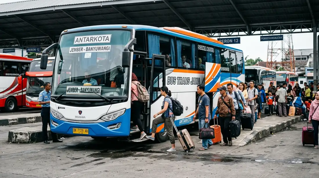 Bus antarkota di terminal dengan penumpang yang naik membawa koper