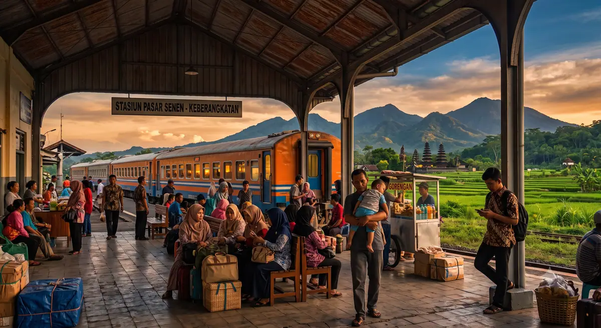Suasana peron stasiun kereta api Indonesia dengan penumpang menunggu keberangkatan