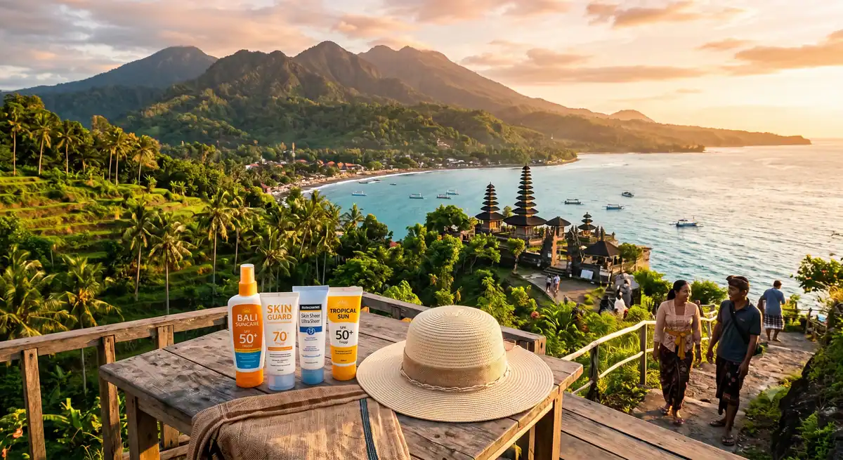 Aneka produk sunscreen SPF tinggi dan topi pantai sebagai perlengkapan anti panas matahari