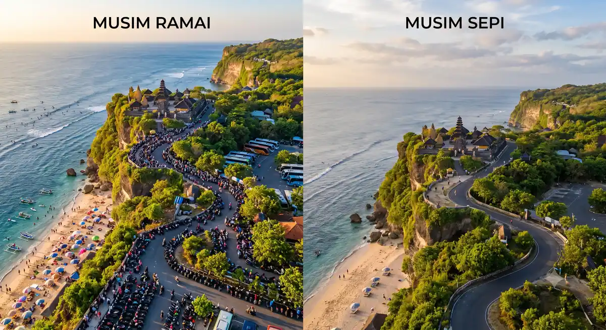 Perbandingan suasana destinasi wisata saat musim ramai dan musim sepi