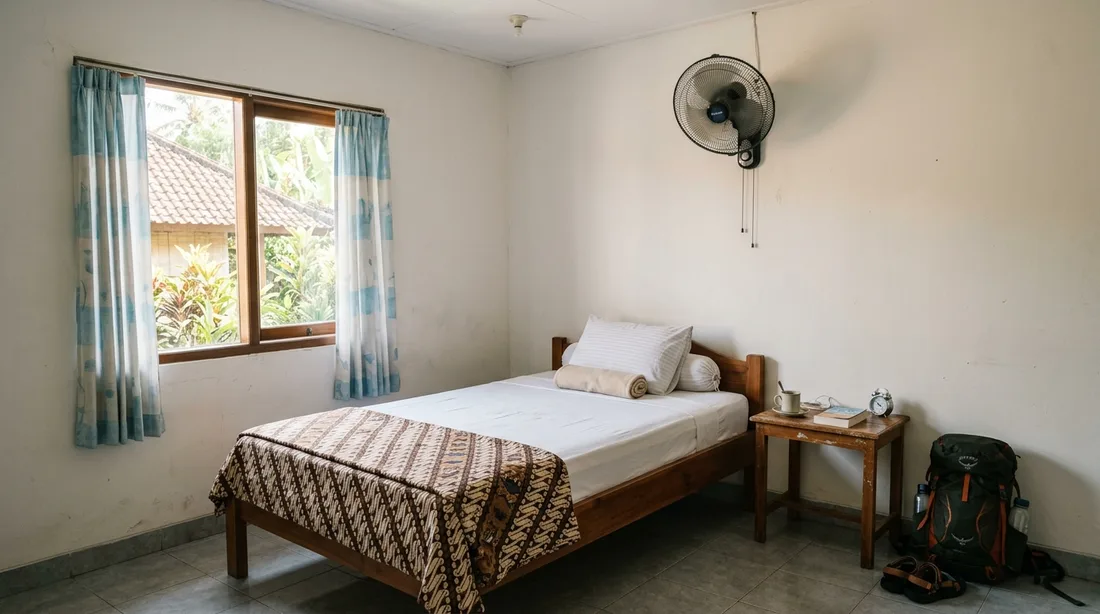 Kamar guesthouse sederhana yang bersih dengan tempat tidur dan kipas angin