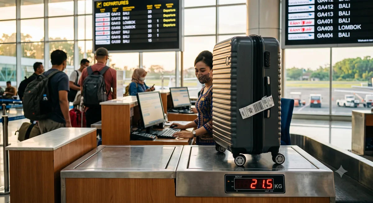 Koper di atas timbangan bagasi di konter check-in bandara