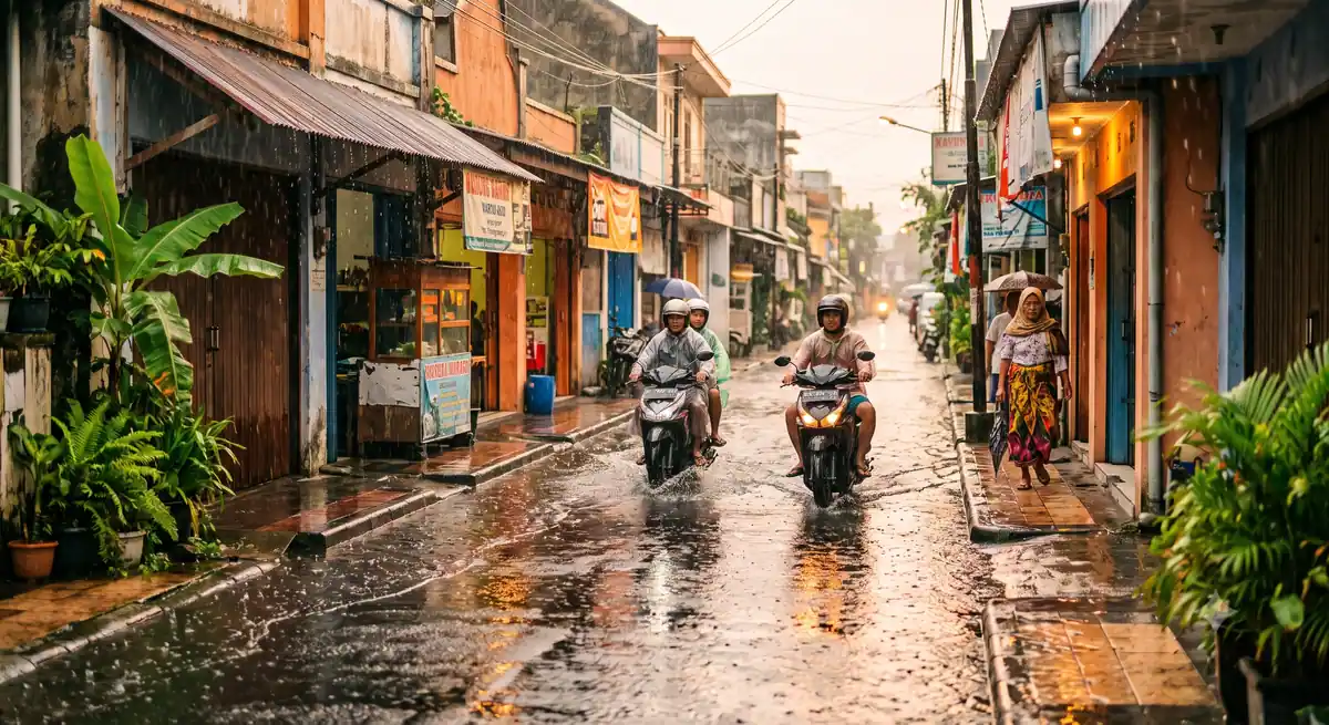 Jalanan kota yang basah dan tergenang air saat hujan deras