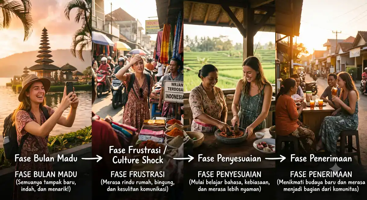 Ilustrasi empat fase culture shock dari fase bulan madu hingga penerimaan