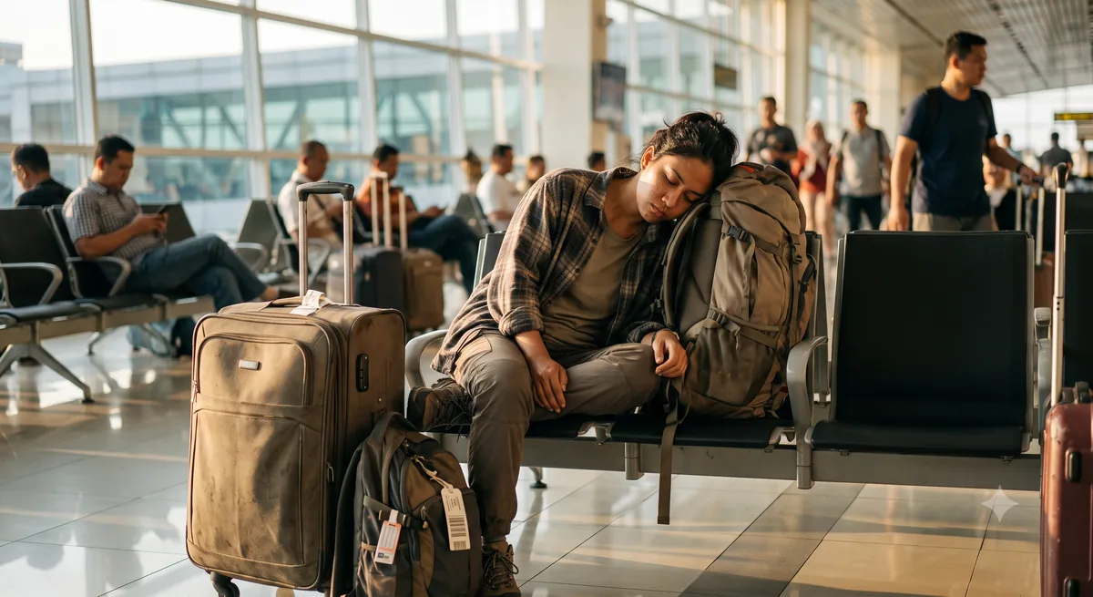 Traveler kelelahan menunggu di terminal bandara setelah penerbangan panjang