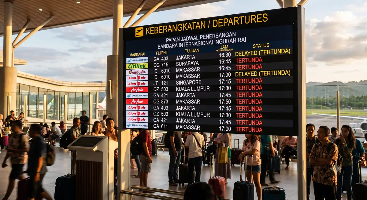 Papan jadwal penerbangan di bandara menampilkan status delay