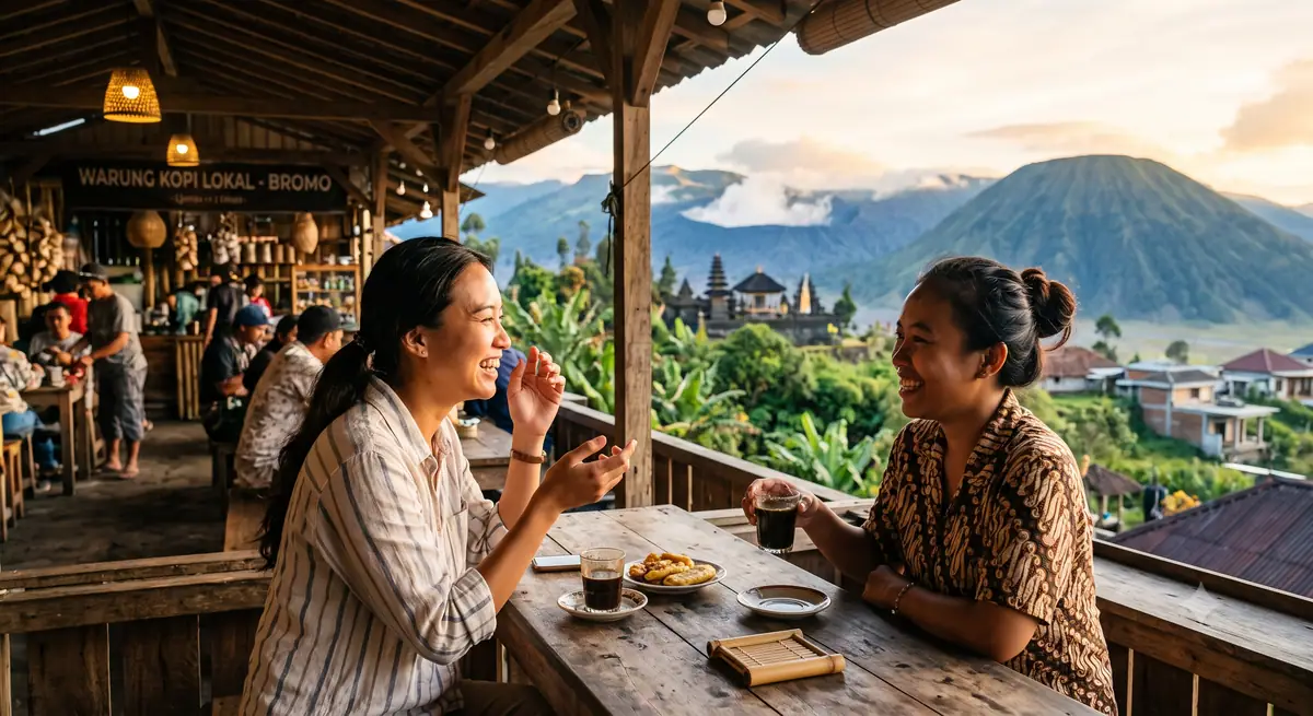 Pelancong berbincang akrab dengan kenalan baru di kedai kopi lokal