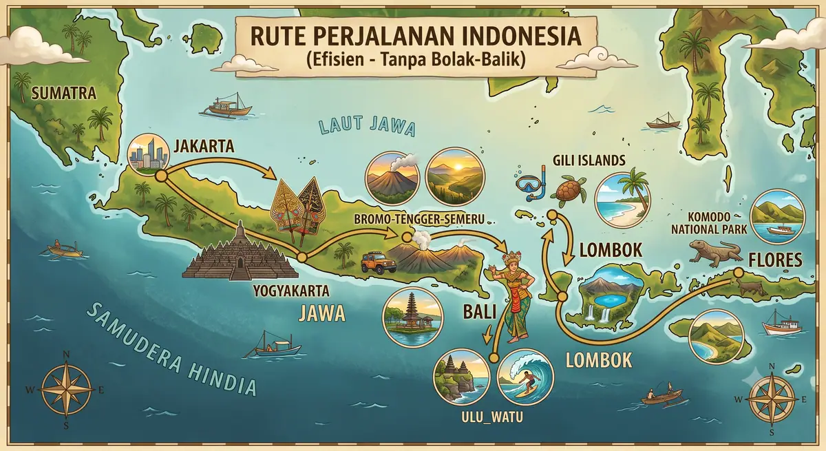 Ilustrasi peta rute perjalanan multi-kota yang efisien tanpa bolak-balik