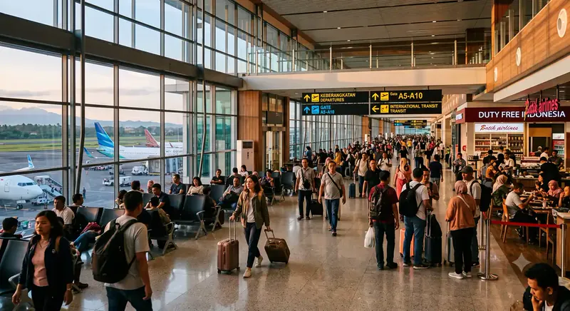 Suasana terminal keberangkatan bandara internasional saat transit