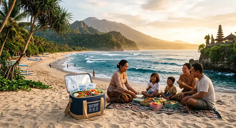 Tas pendingin kecil berisi bekal dan kantong es untuk menjaga makanan tetap dingin