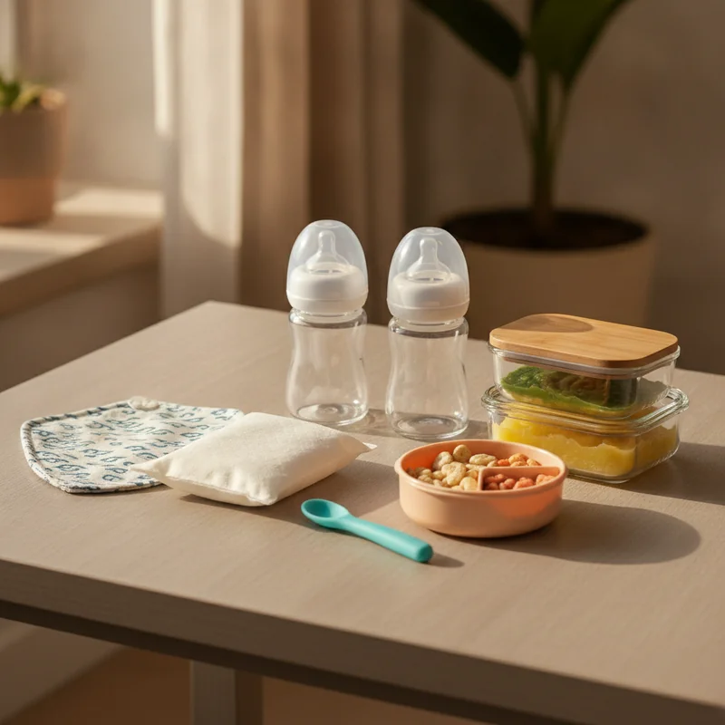 Perlengkapan makan bayi untuk liburan berupa botol, wadah makanan, celemek, dan sendok