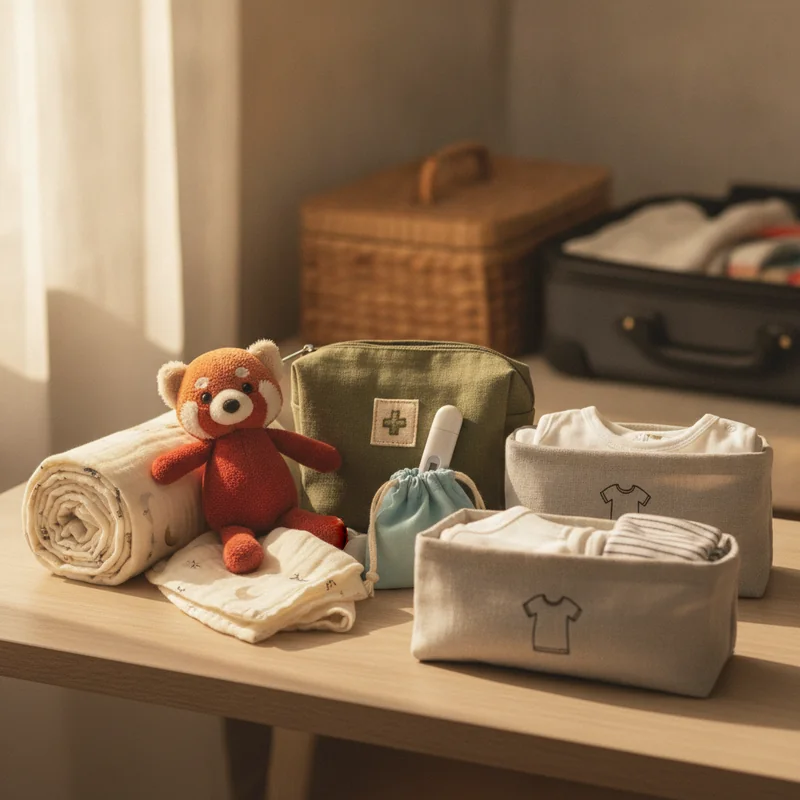 Kit tidur dan kesehatan bayi untuk liburan berisi selimut, mainan, termometer, dan baju cadangan