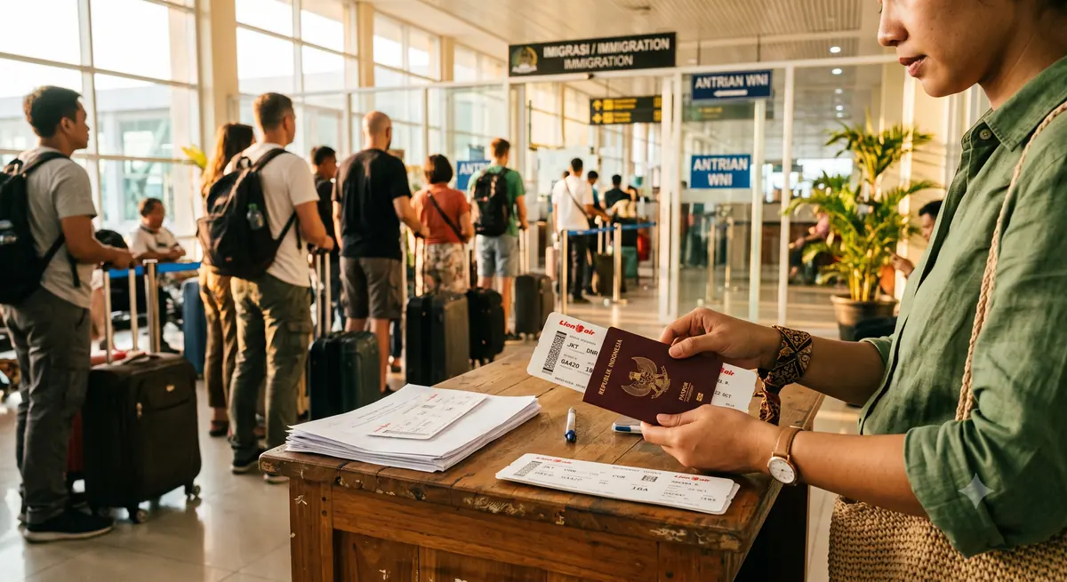 Paspor, tiket pesawat, dan dokumen perjalanan disiapkan sebelum konter imigrasi