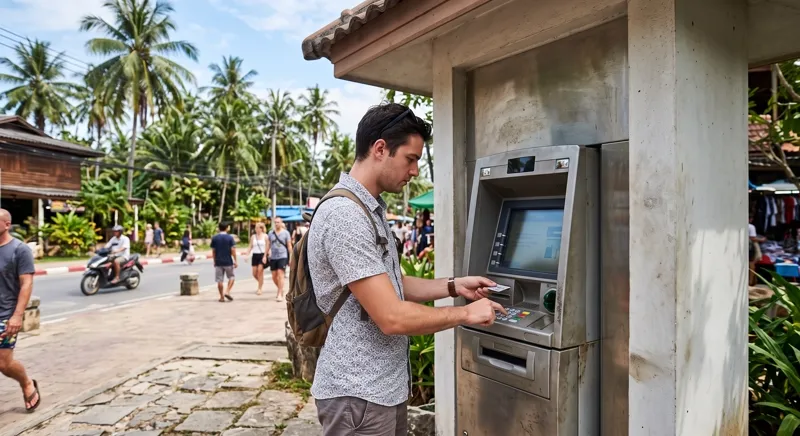 Wisatawan menarik uang tunai mata uang lokal dari mesin ATM di luar negeri