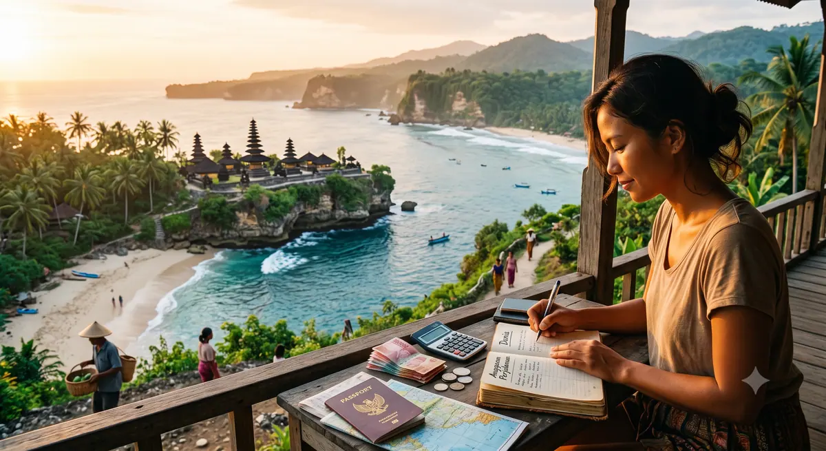 Backpacker menghitung anggaran harian perjalanan dengan buku catatan dan uang tunai