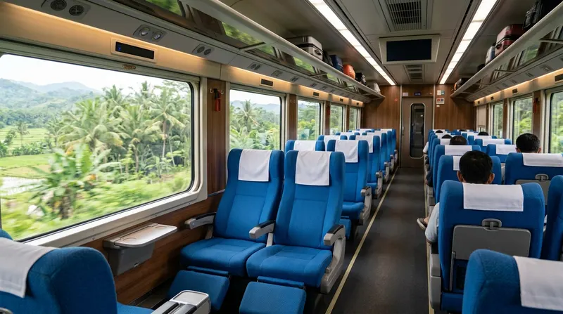 Interior gerbong kereta eksekutif dengan kursi reclining dan rak bagasi