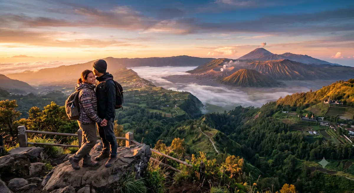Pasangan menikmati matahari terbit dari titik pandang pegunungan di Jawa