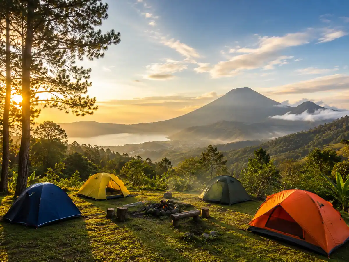 Contoh suasana camping biasa dengan tenda mandiri di area pegunungan